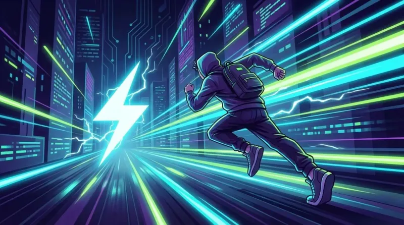 A neon corridor with lightning icons representing the difference between Codex and Claude fast modes