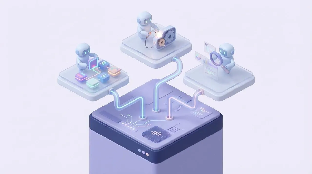 여러 AI 에이전트가 하나의 Git 기반 위에서 서로 다른 작업을 병렬로 수행하는 개념도