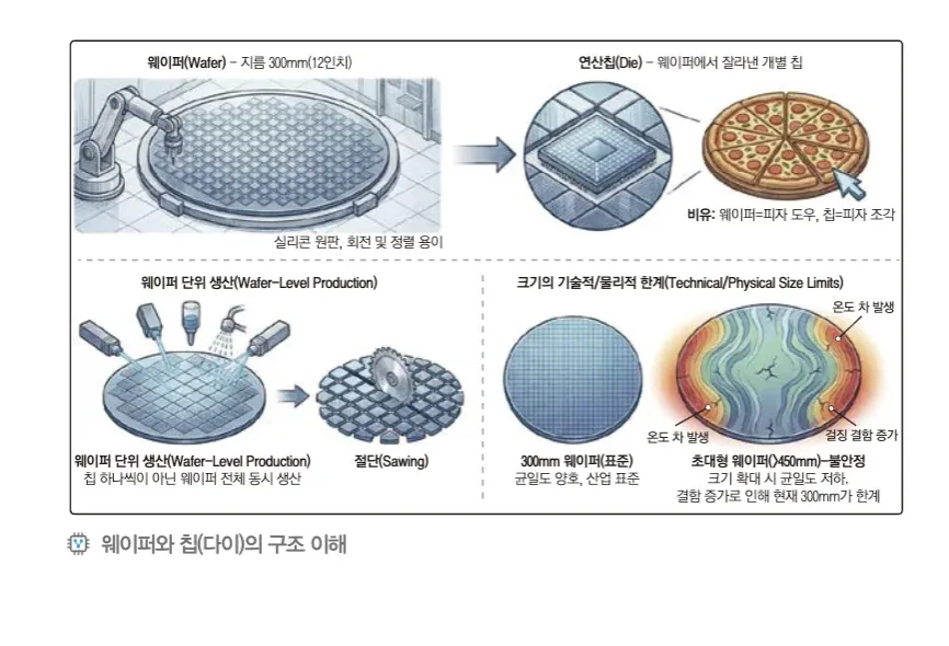 웨이퍼와 칩의 구조를 설명하는 이미지