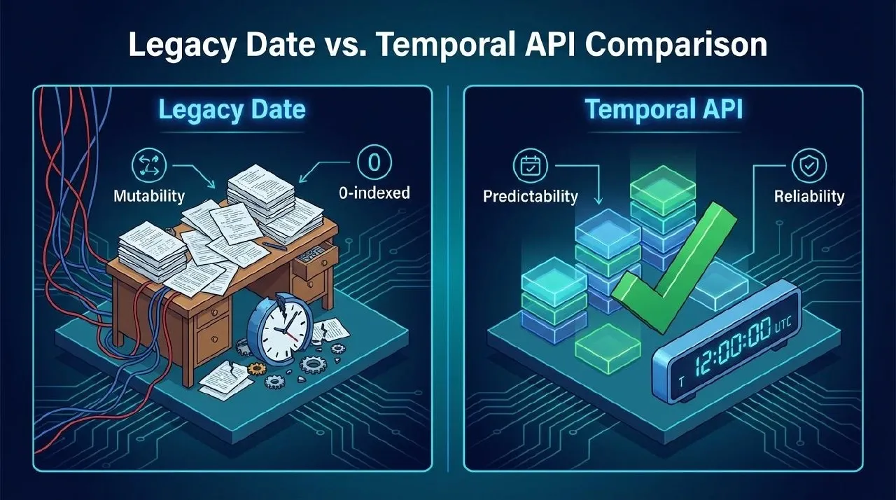 Legacy Date와 Temporal API를 대비해 보여주는 비교 일러스트