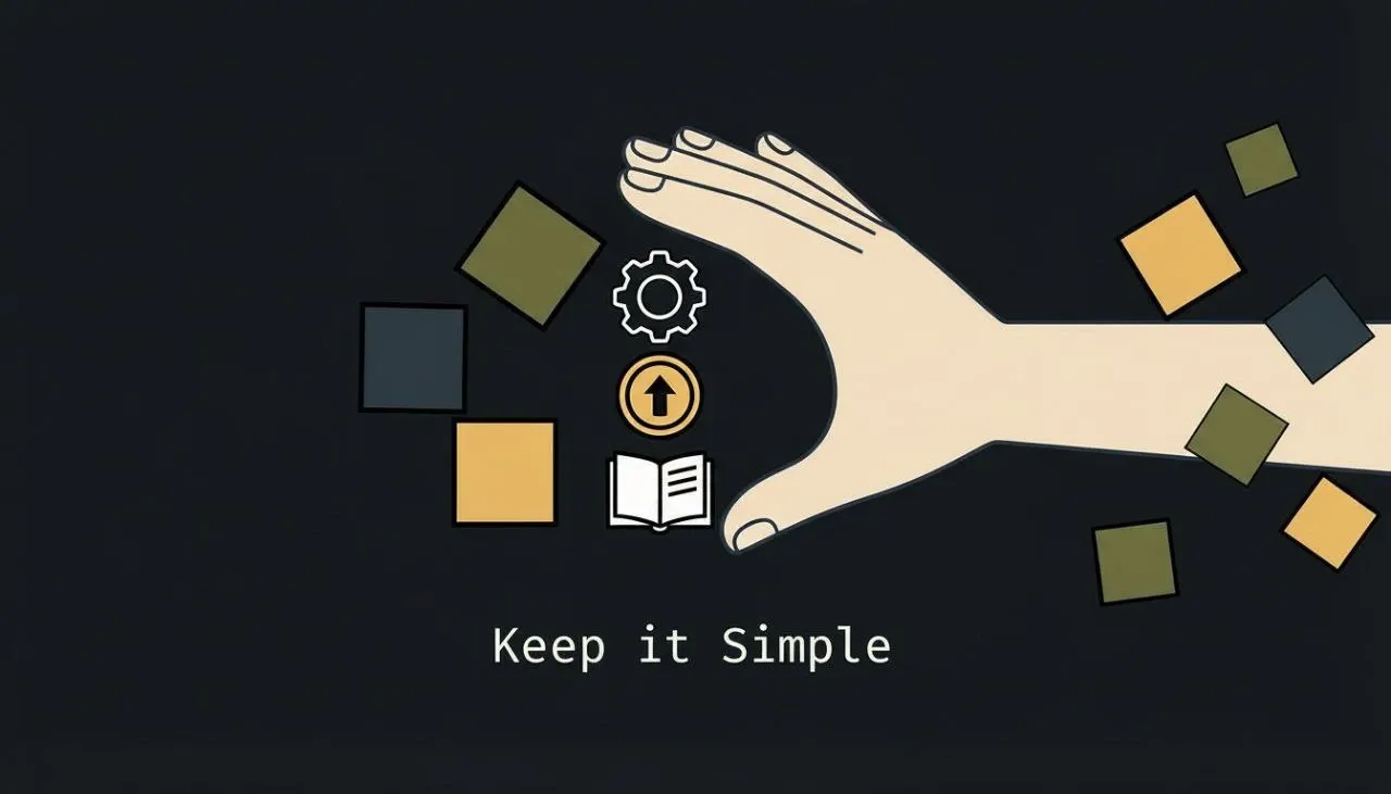 복잡한 요소를 손으로 걸러내며 핵심만 남기는 Keep it Simple 메시지 이미지