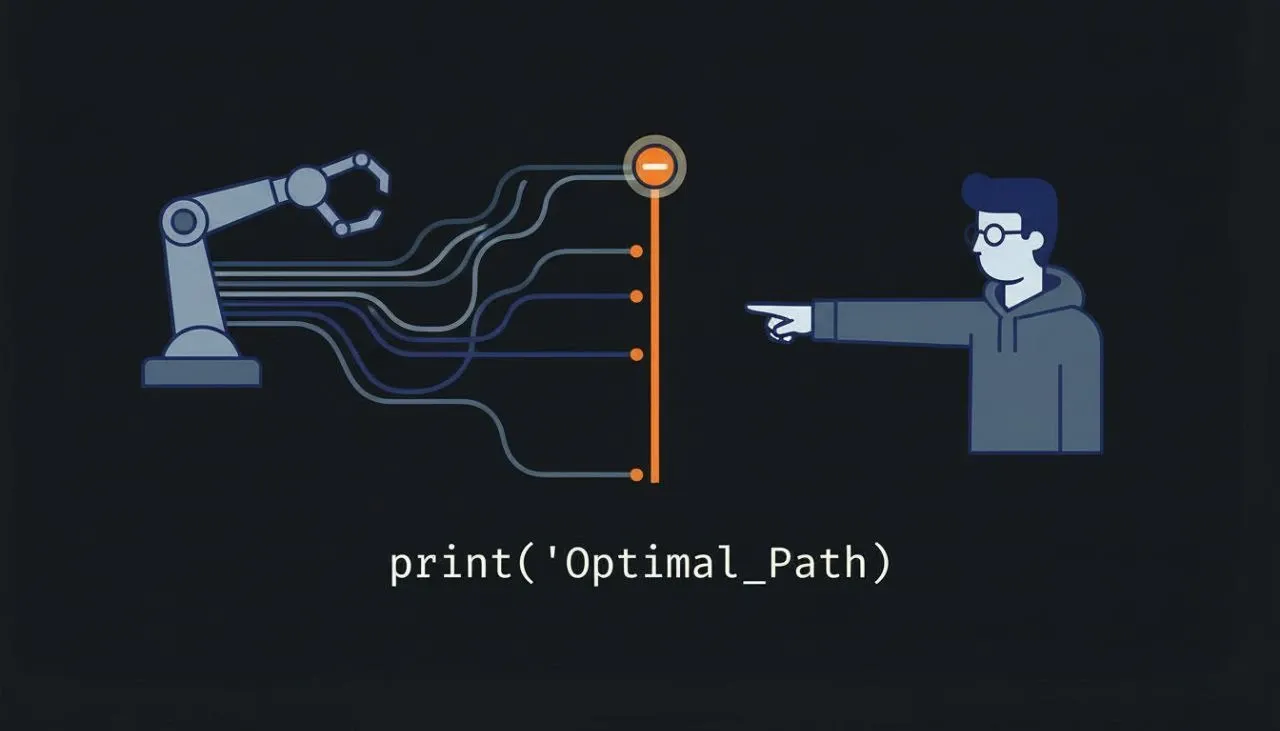 여러 선택지 중에서 단순하고 적절한 경로를 찾아가는 과정을 보여주는 이미지