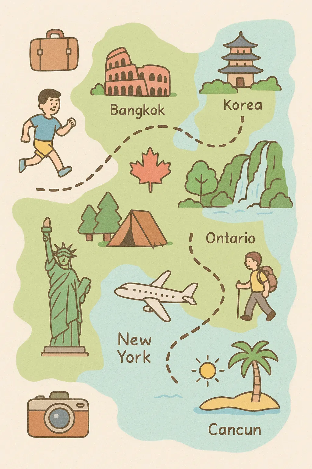 Travel map image created with ChatGPT - visually representing travel routes connecting various cities in Korea