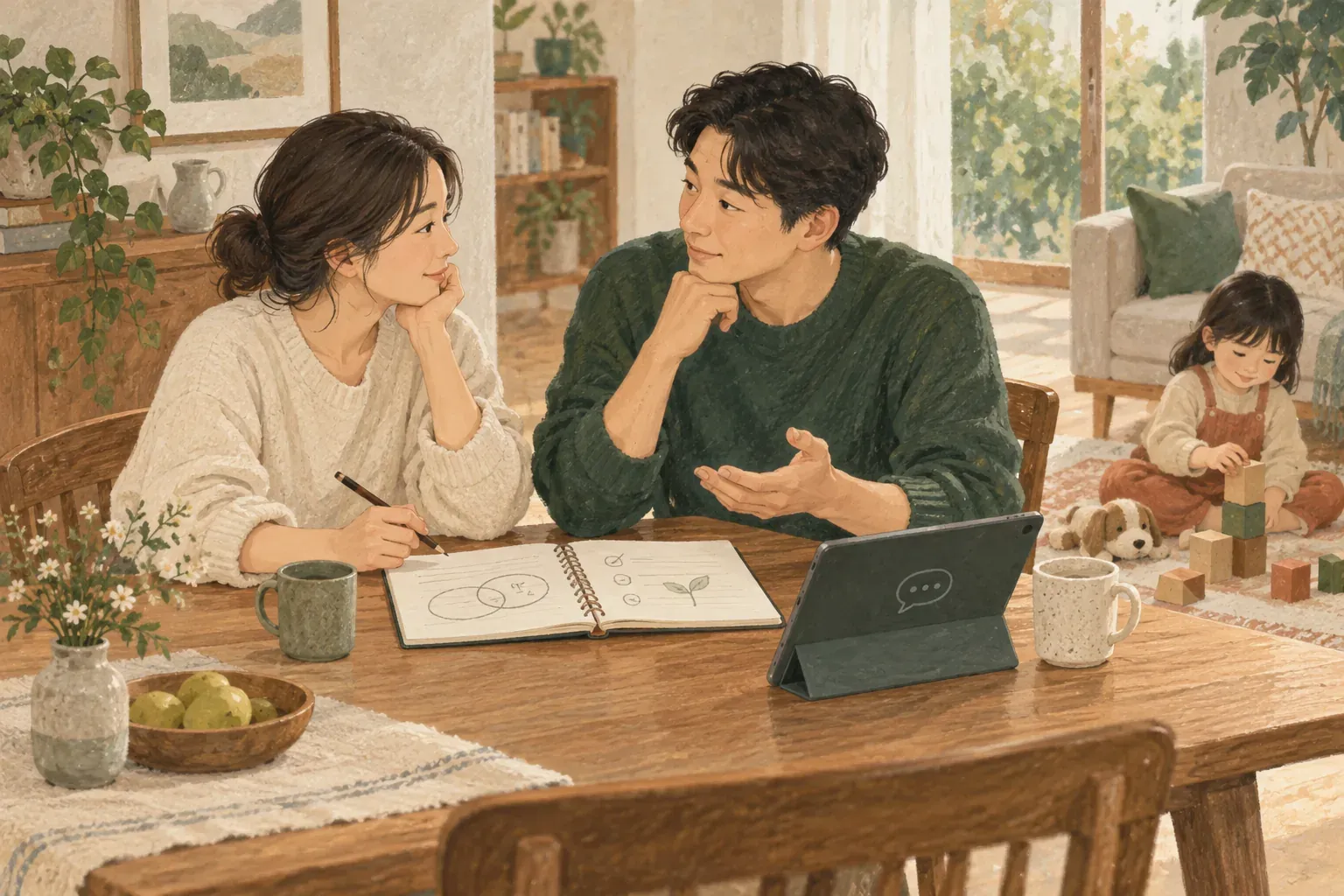 부부가 식탁에서 아이의 AI 사용 기준을 함께 의논하고, 곁에서 아이가 블록 놀이를 하는 일러스트