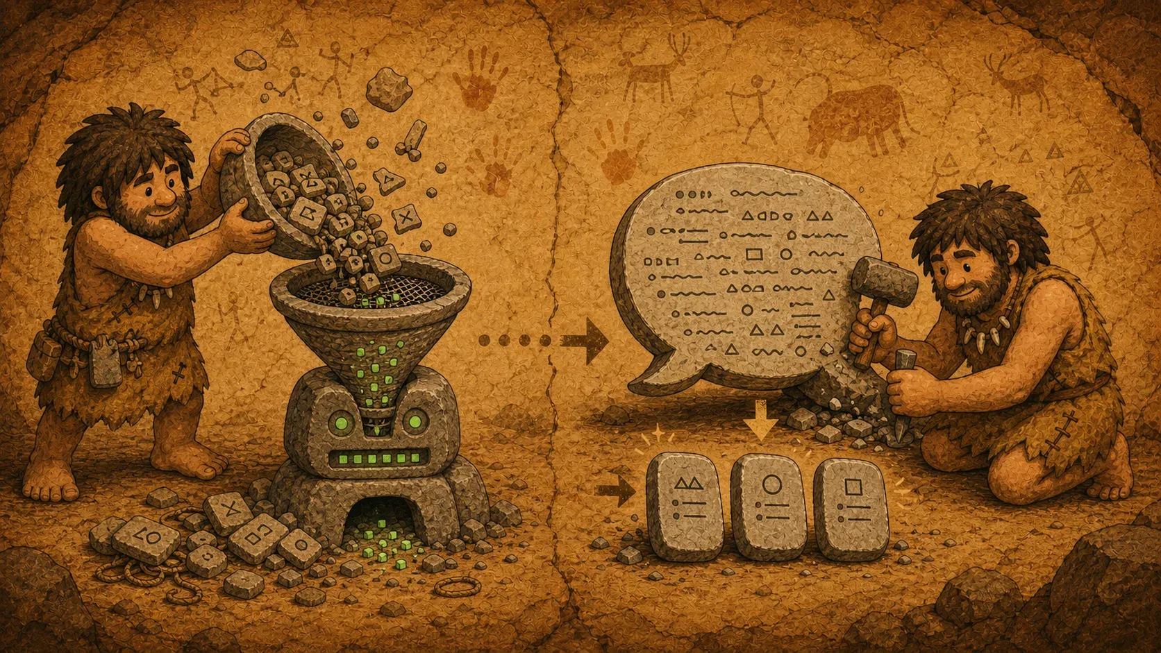 A caveman counting pebble tokens and feeding them into a primitive token-processing device