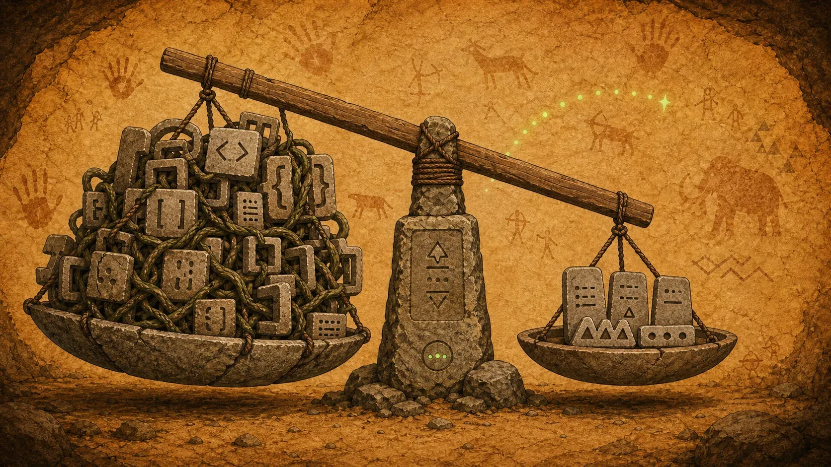A primitive balance scale where heavy nested tags and bracket piles weigh far more than compact delimiter tablets