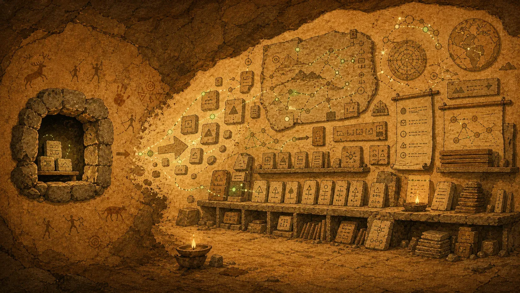 A small 4K stone window expanding into a wide knowledge mural, organized context map, and reference tablets inside a cave