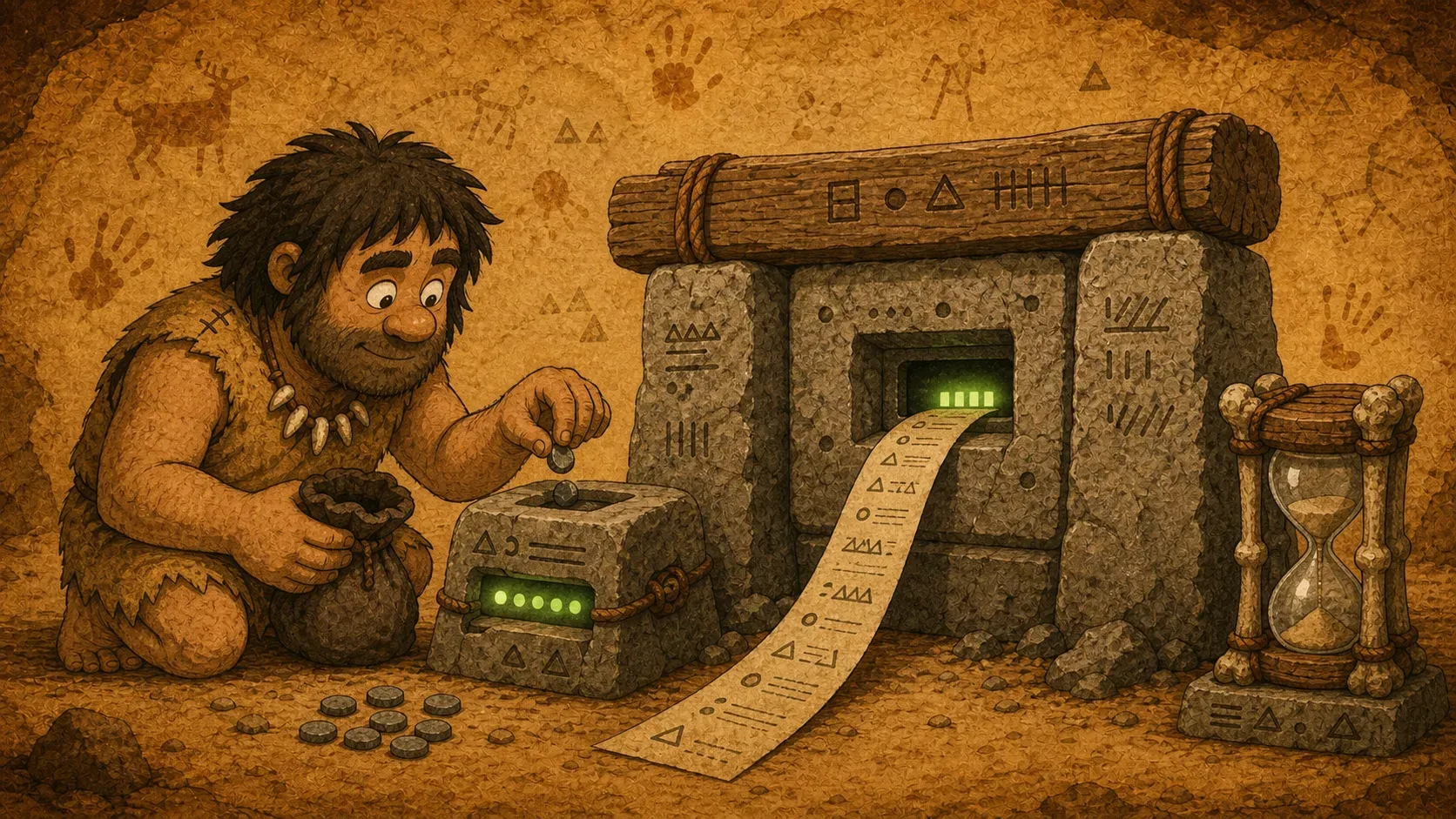 A caveman operating a token device that performs input filtering and output compression together