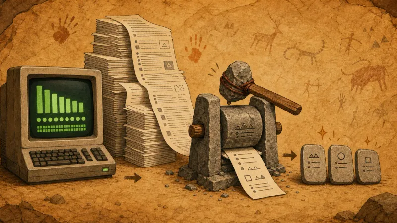 A retro terminal token counter and a pile of long documents being compressed into a small stone tablet